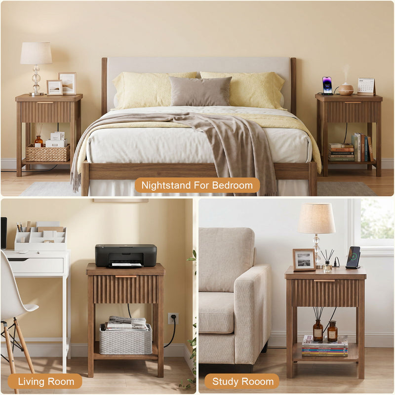 Set of 2 walnut nightstands with charging ports, lamps on top, open storage shelves