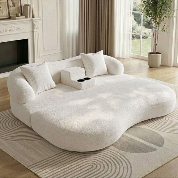 White convertible sleeper sofa bed in bed position with center cup holder