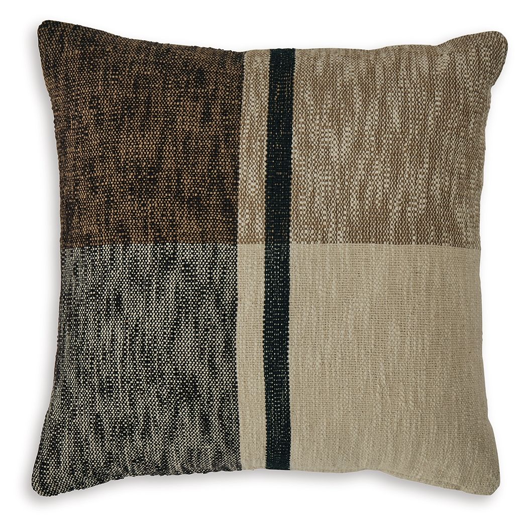Decorative patchwork pillow with black, brown, and tan panels and center stripe