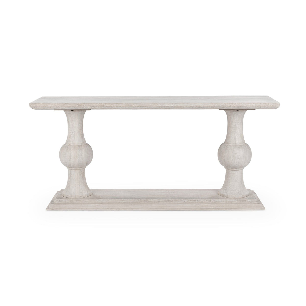 Creamwood console table with wide rectangular top and turned legs, light distressed finish.