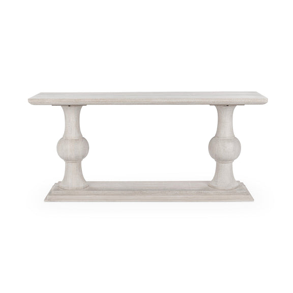 Creamwood console table with wide rectangular top and turned legs, light distressed finish.