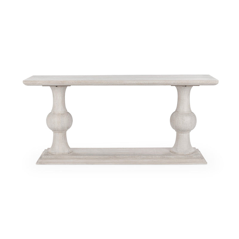 Creamwood console table with wide rectangular top and turned legs, light distressed finish.