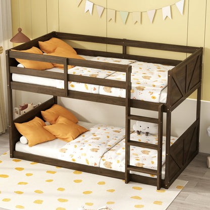 Twin over Twin Floor Bunk Bed with Panelled Headboard and Footboard, Solid Rubber Wood Foundation with Safety Guardrails, Built-in ladder, Antique Oak