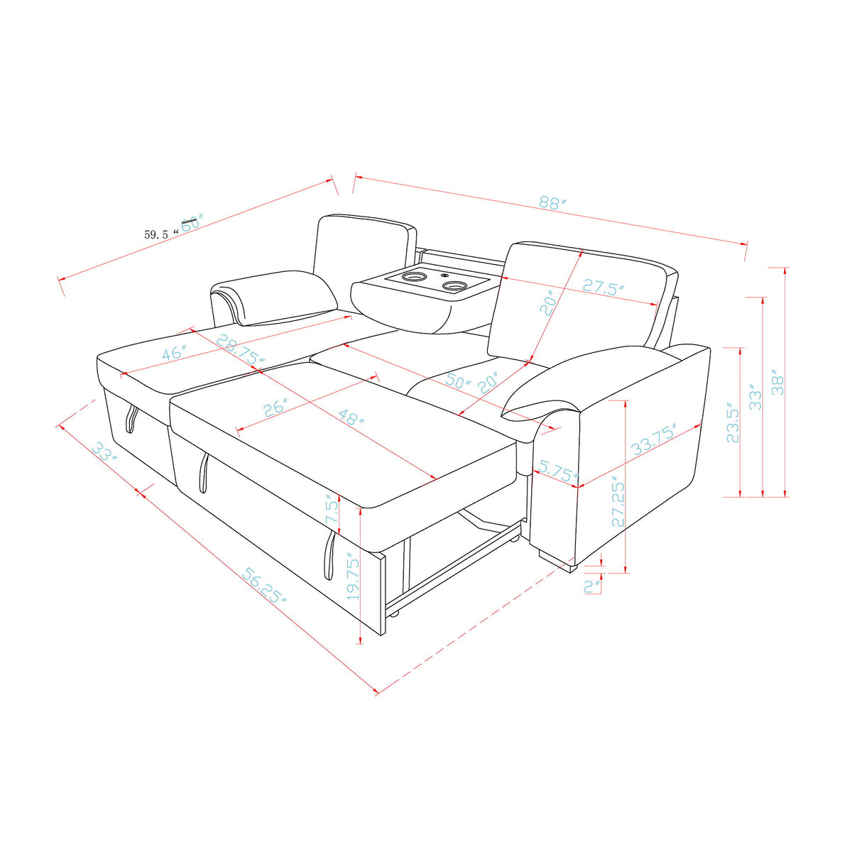 Rebecca - Sofa With Pull Out Bed, Storage Chaise, USB And Cup Holders - Dark Gray