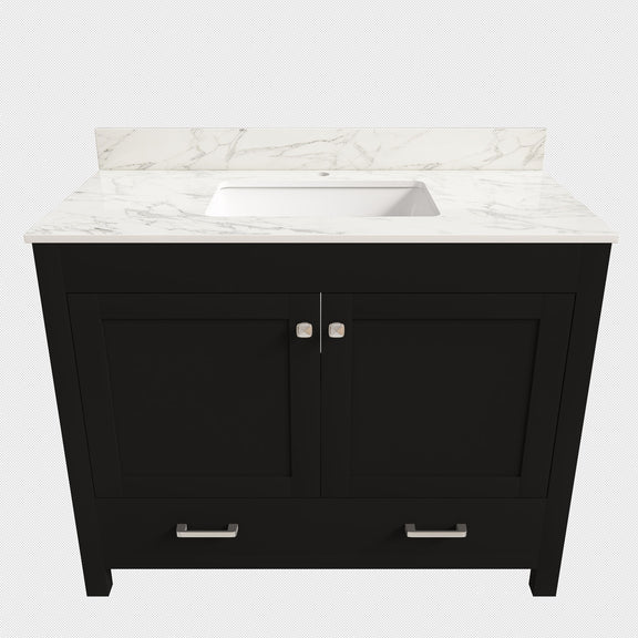 Black bathroom vanity cabinet with two doors, two drawers, white marble-look top