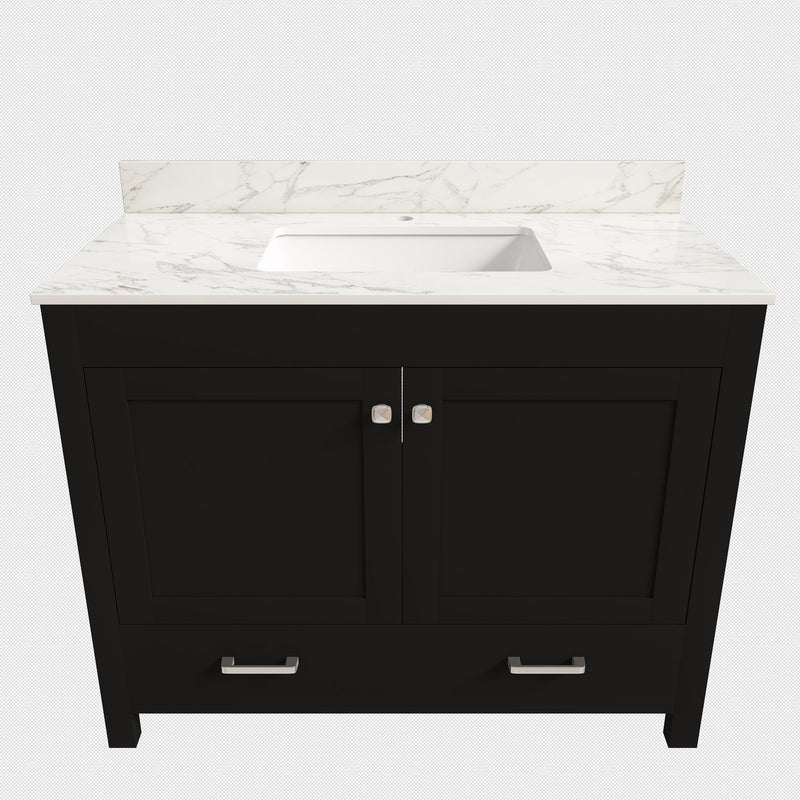 Black bathroom vanity cabinet with two doors, two drawers, white marble-look top