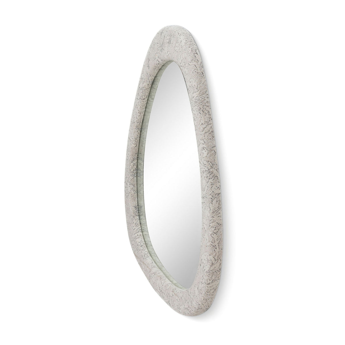 Triangular wall mirror with pearl silver textured frame, shown from the side