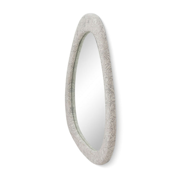 Triangular wall mirror with pearl silver textured frame, shown from the side