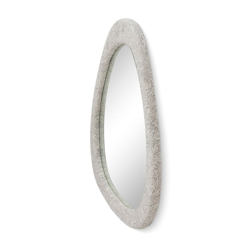 Triangular wall mirror with pearl silver textured frame, shown from the side