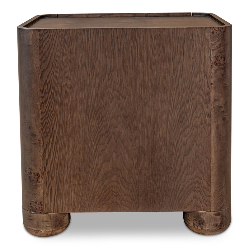 Gibson dark brown nightstand, showing the wood-grain back and rounded feet