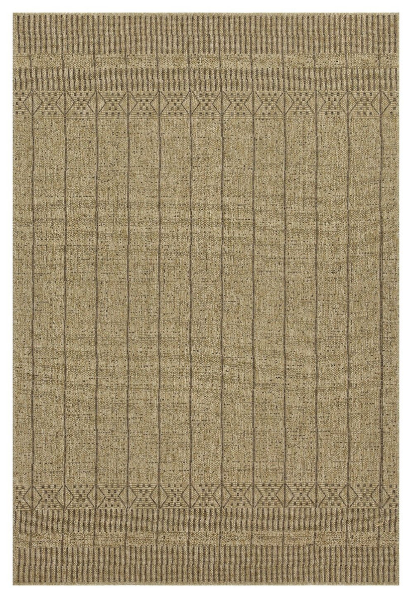 Light brown jute area rug with geometric border pattern on all sides