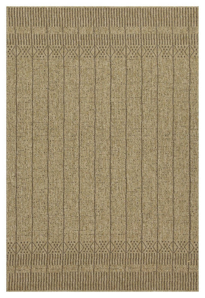 Light brown area rug with geometric diamond border and vertical stripe pattern.