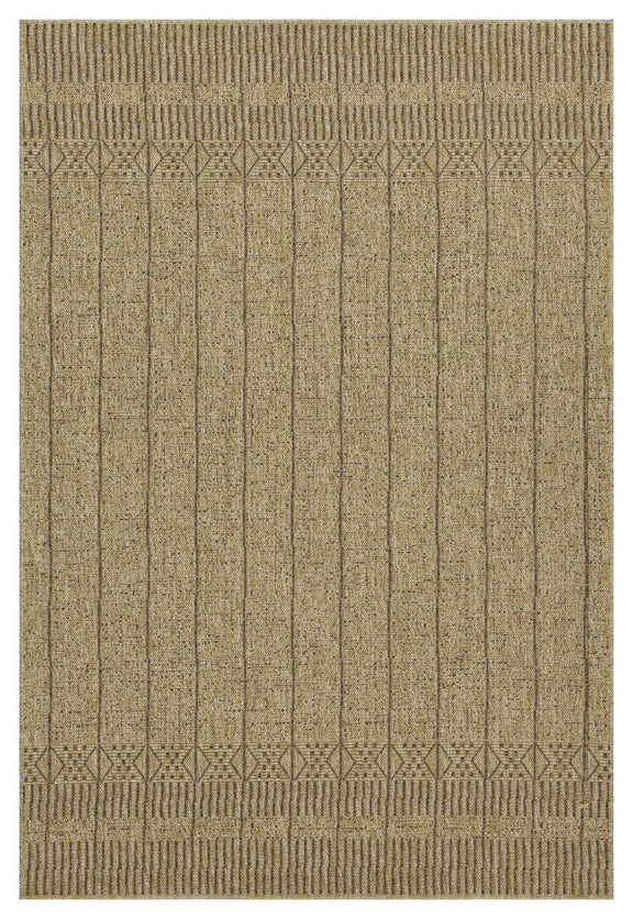 Light brown area rug with geometric diamond border and vertical stripe pattern.