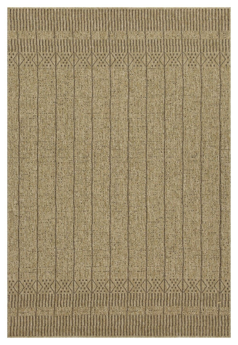 Light brown area rug with geometric diamond border and vertical stripe pattern.