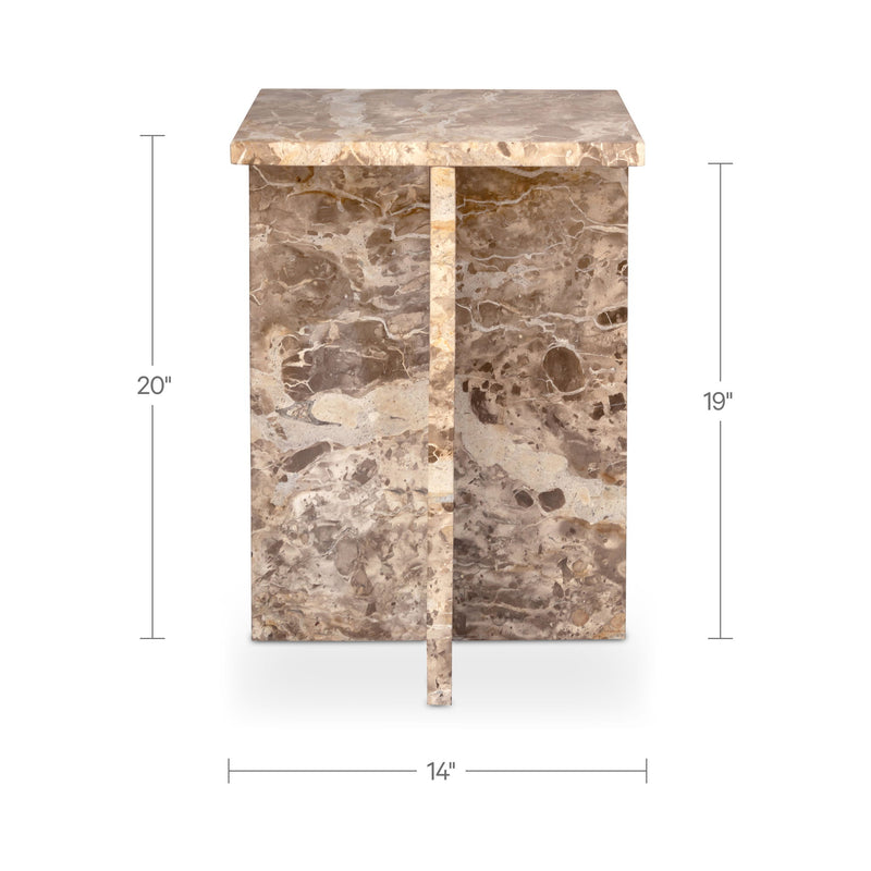 Beige marble accent table with square top and gold-toned pedestal legs
