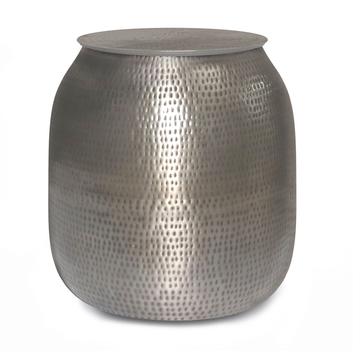 Griffen silver-toned metal storage accent table with textured drum body and flat round lid