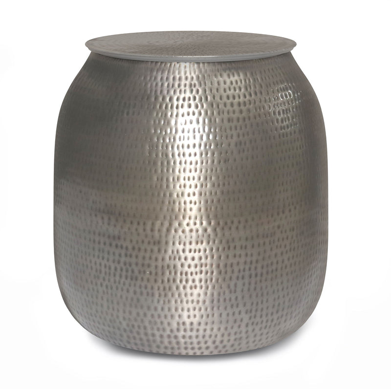 Griffen silver-toned metal storage accent table with textured drum body and flat round lid