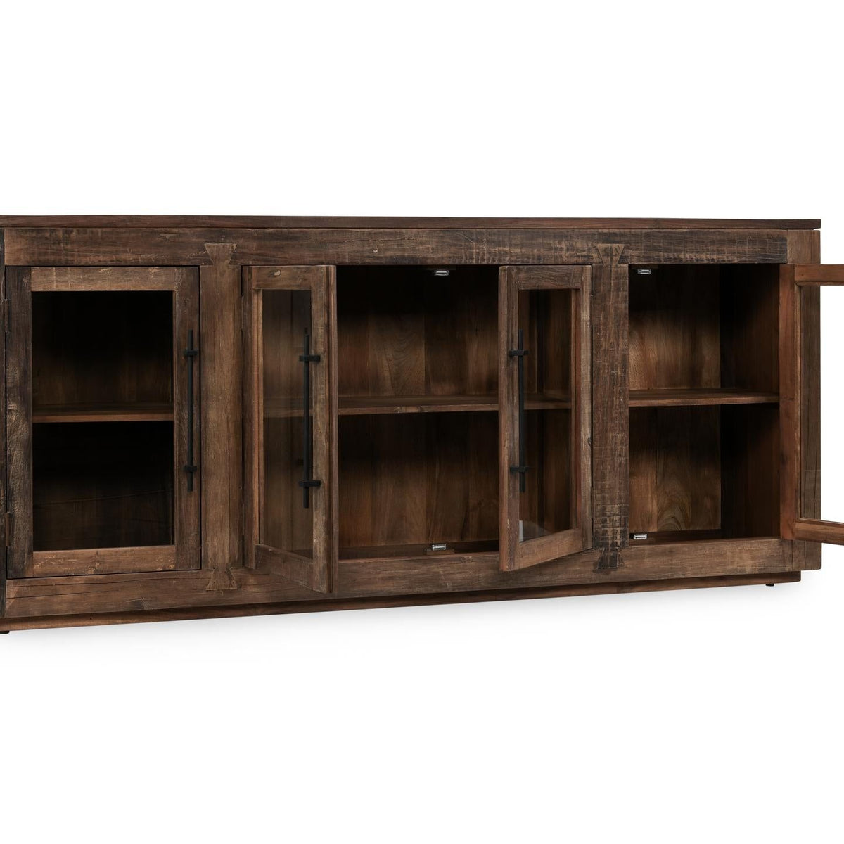 Wood 4-door cabinet shown from side with hinged doors open to reveal shelves.