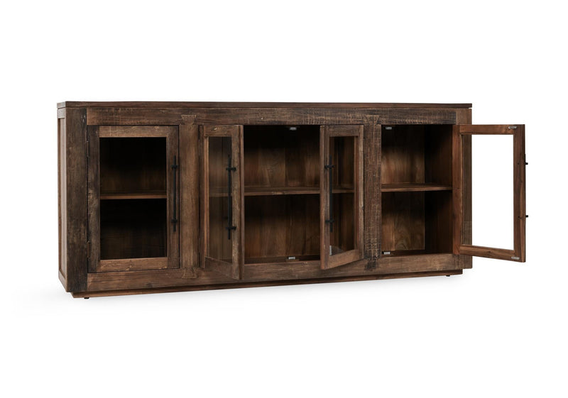 Wood 4-door cabinet shown from side with hinged doors open to reveal shelves.