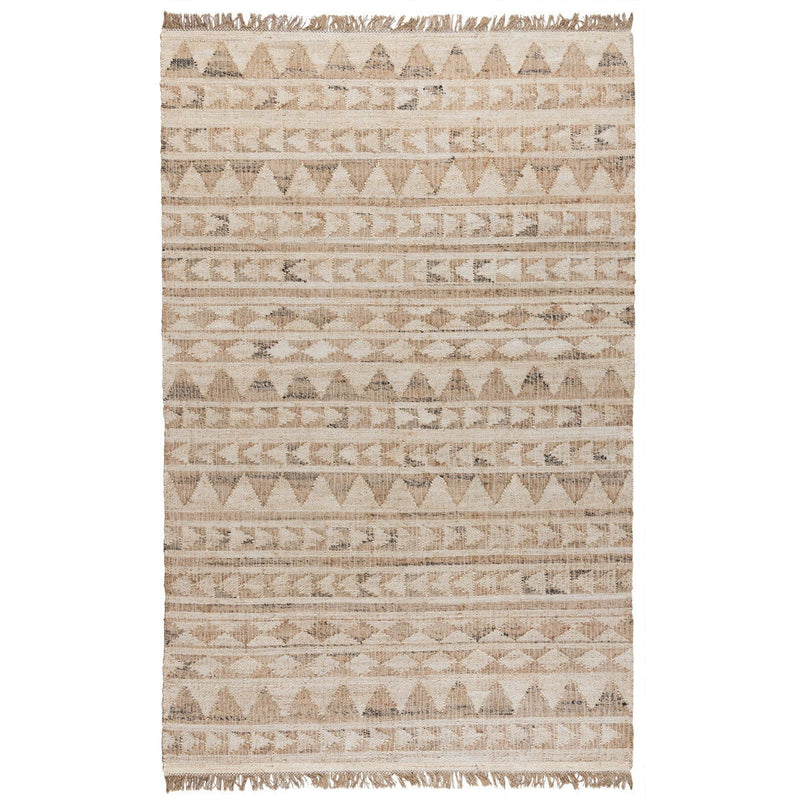 Ivory and natural distressed geometric rug with fringe edges and all-over triangle patterning.