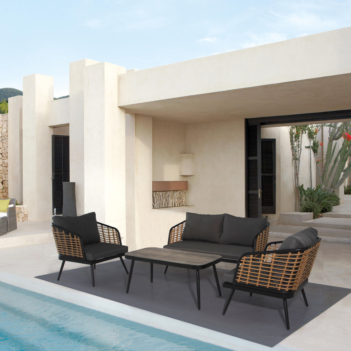 4 Pieces Patio Furniture Set, PE Rattan Wicker With Washable Cushion And Tempered Glass Tabletop, Conversation Furniture For Garden Poolside Balcony