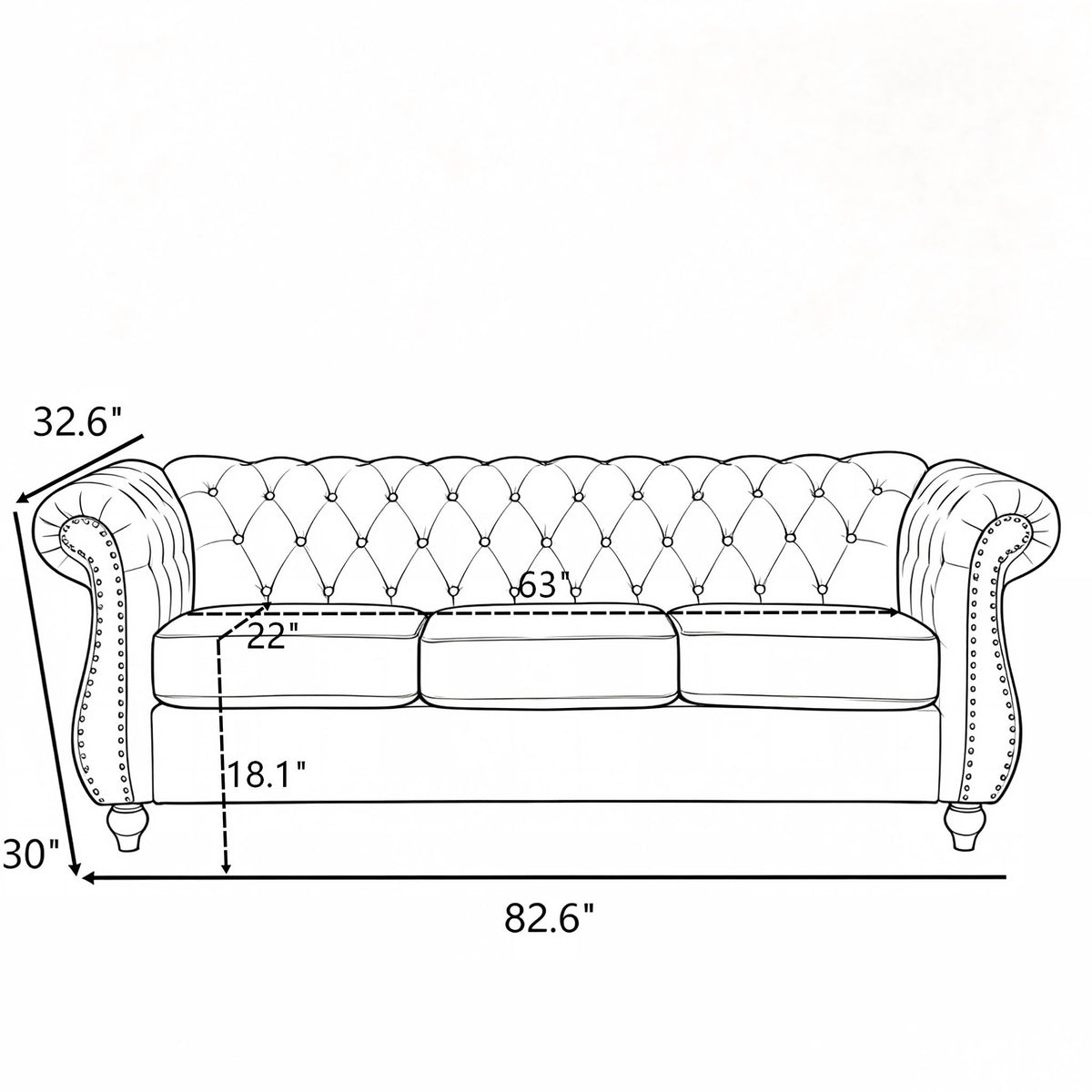 Side view of three-seat button-tufted sofa with rolled arms and marked dimensions
