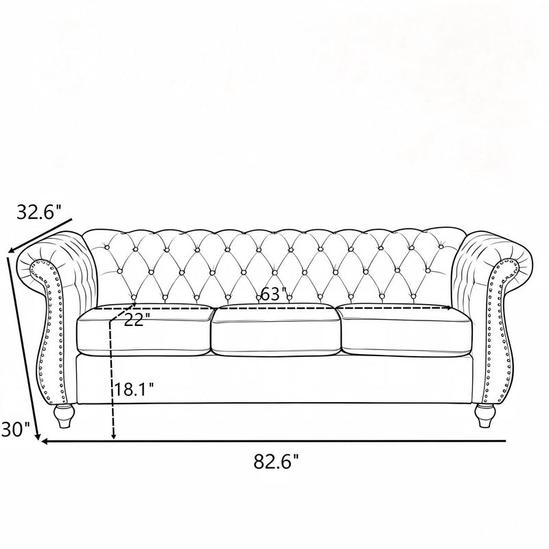 Side view of three-seat button-tufted sofa with rolled arms and marked dimensions