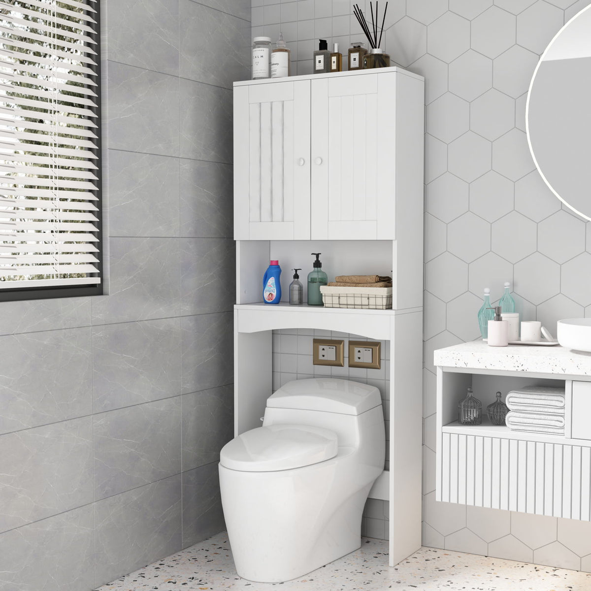Home Bathroom Shelf Over-The-Toilet, Bathroom Spacesaver, Bathroom Storage Cabinet Organizer - White