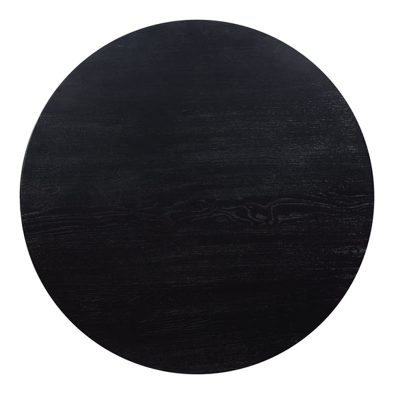 Round dining table with dark black-ash woodgrain tabletop, top view