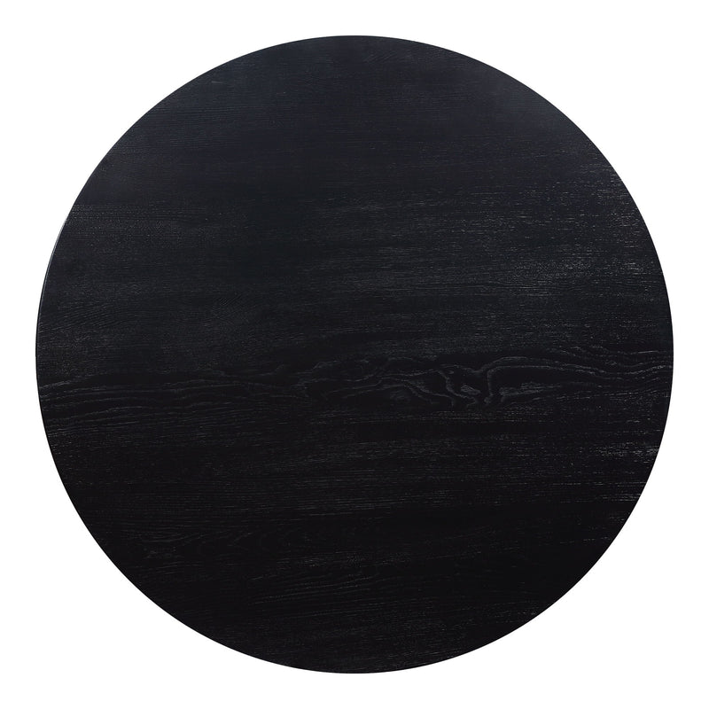 Round dining table with dark black-ash woodgrain tabletop, top view
