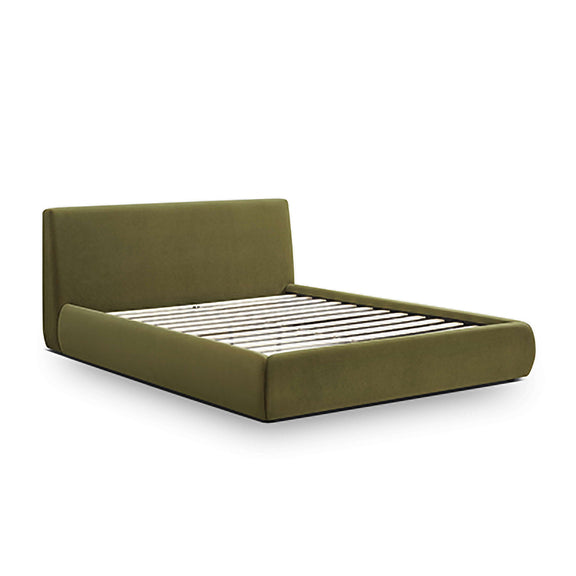 Dark green performance velvet bed with tall headboard and visible slatted base