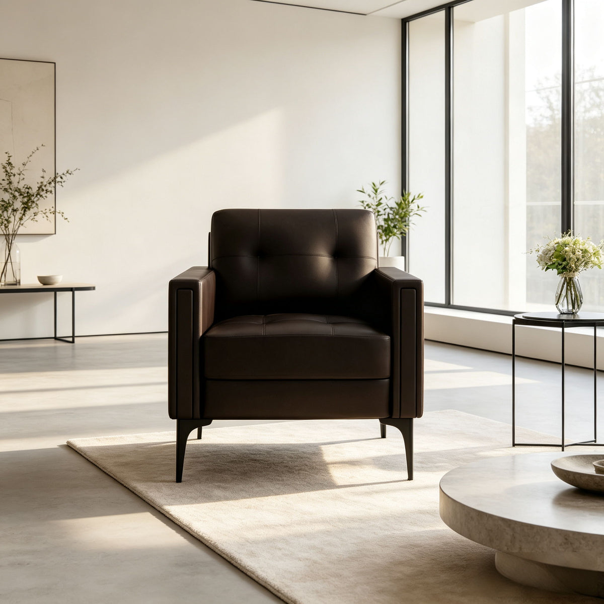 Dark brown upholstered armchair with squared arms and tufted back