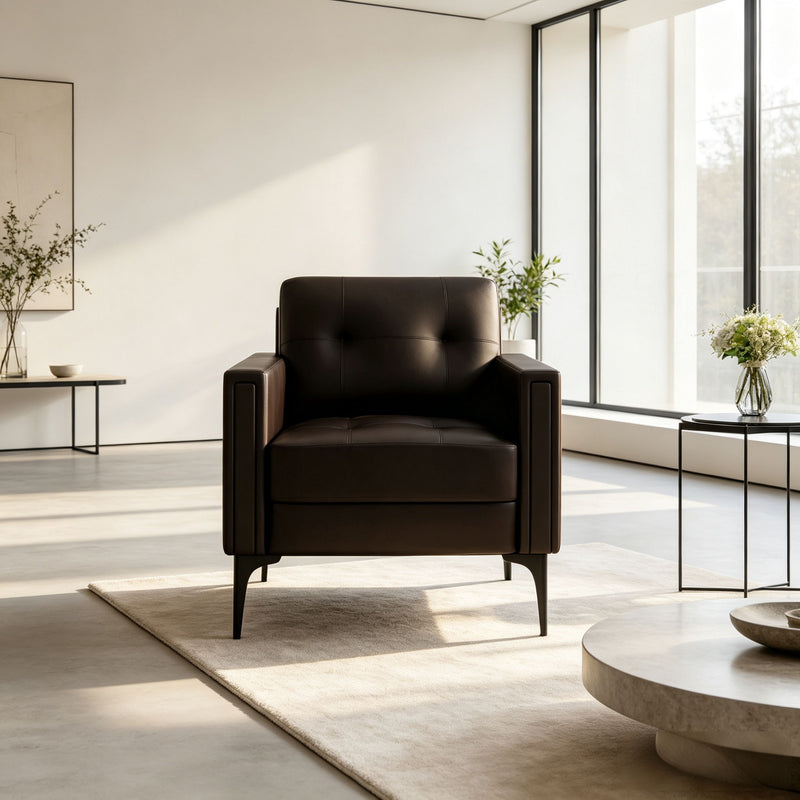 Dark brown upholstered armchair with squared arms and tufted back
