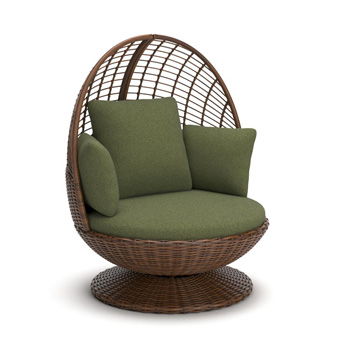 Brown woven swivel egg chair with a green seat cushion and matching back and arm cushions