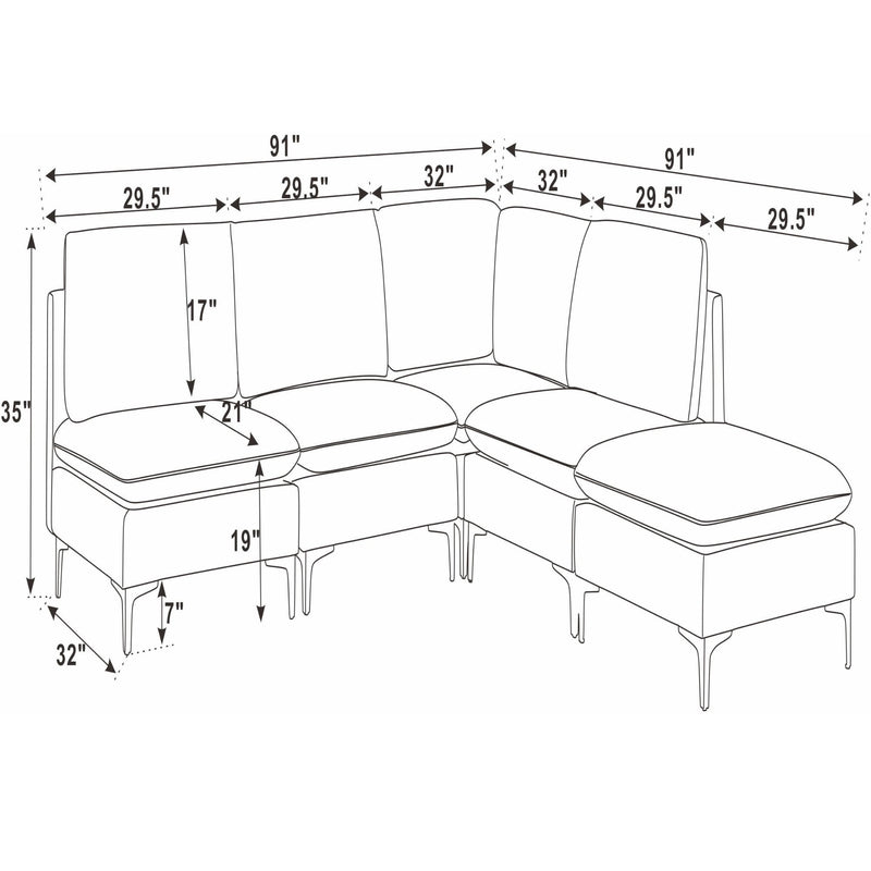 Upholstered modular sectional diagram with 91 in x 91 in dimensions