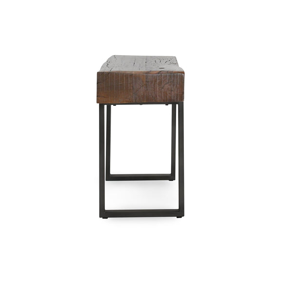 Small reclaimed wood table with black metal frame and thick plank top