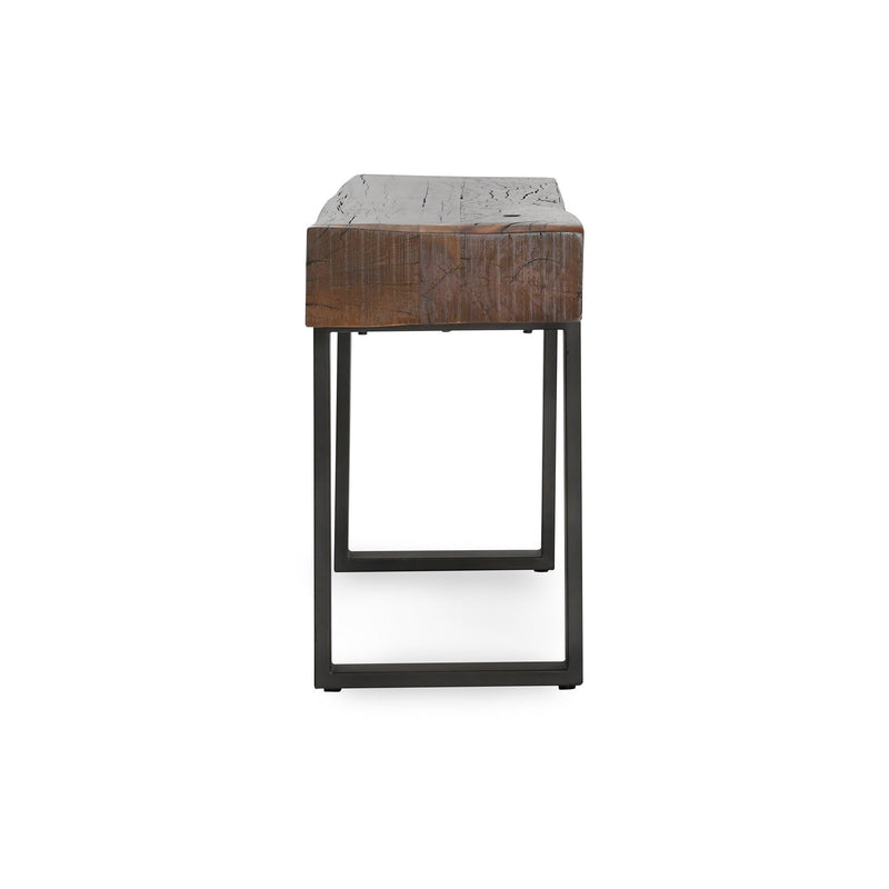 Small reclaimed wood table with black metal frame and thick plank top