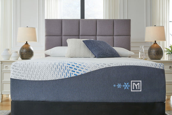 Dark gray upholstered mattress with white gel top, light blue pattern, Millennium logo