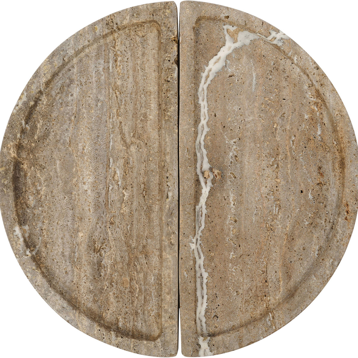 Gray-beige travertine tray close-up with two matching semicircular halves.