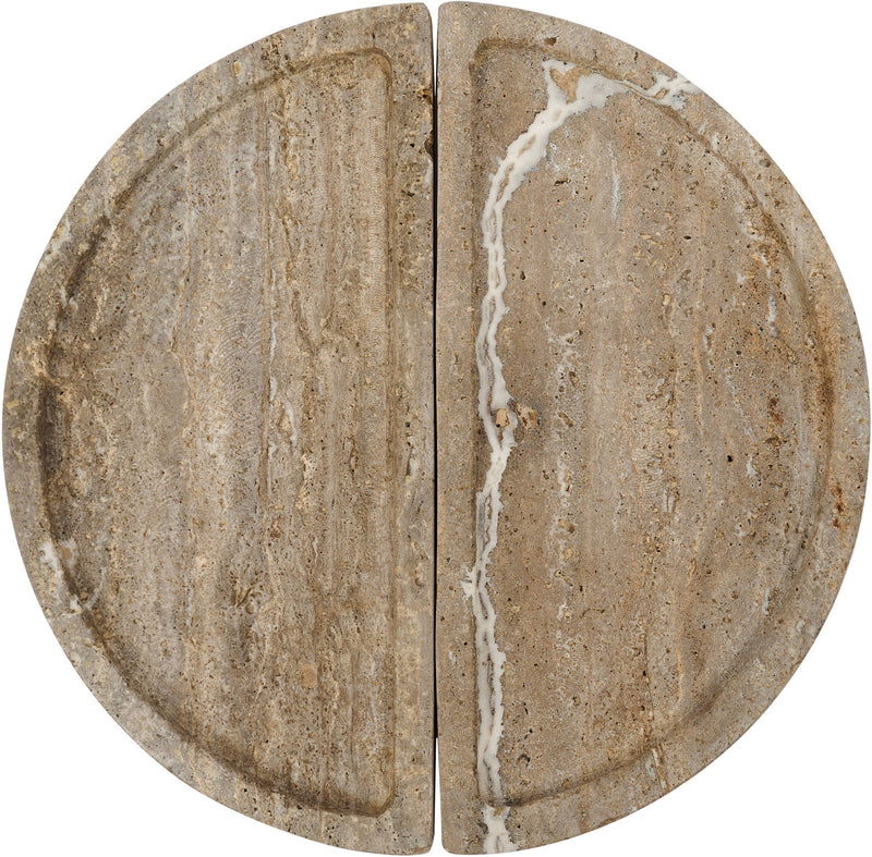 Gray-beige travertine tray close-up with two matching semicircular halves.