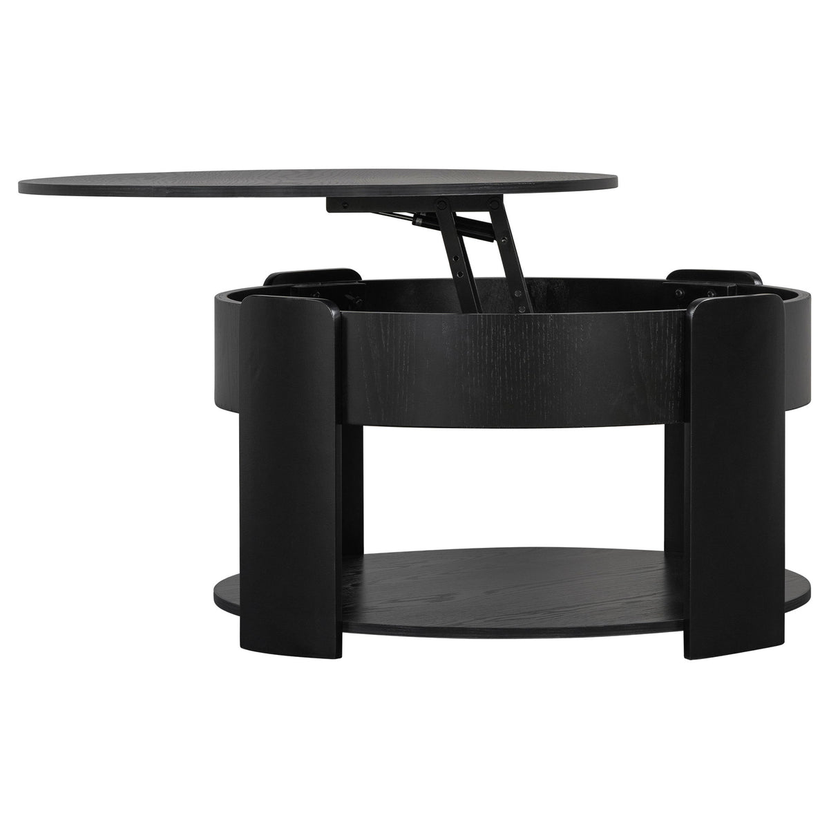 Black round lift-top coffee table with hidden storage, top lifted and side panels open.