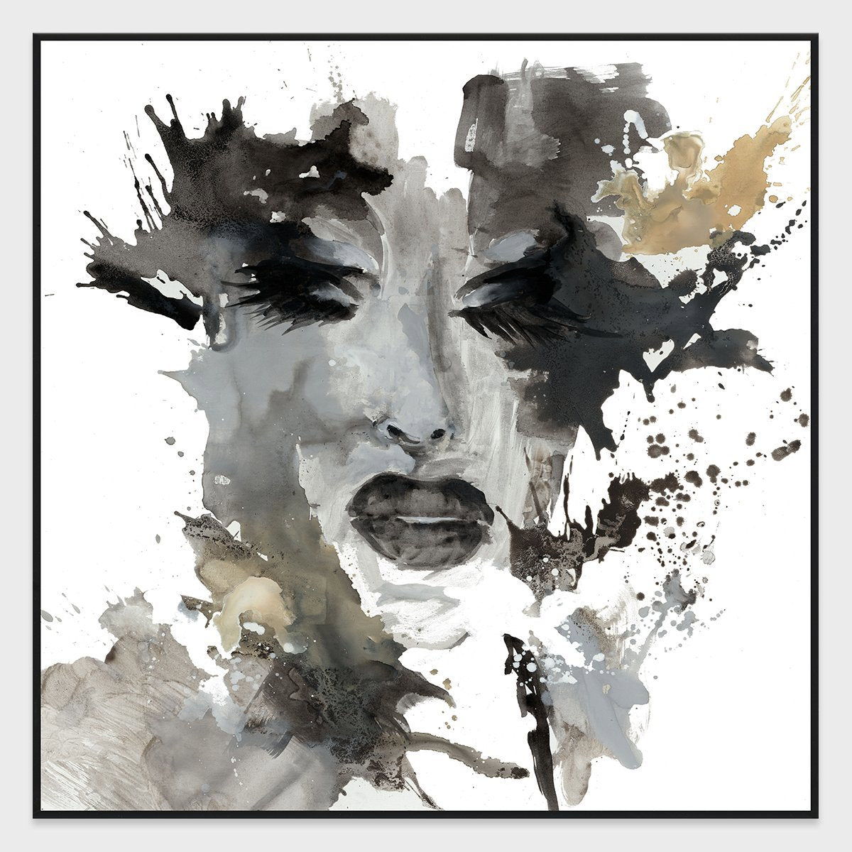 Framed abstract portrait artwork showing grayscale face with tan blotches and black ink marks