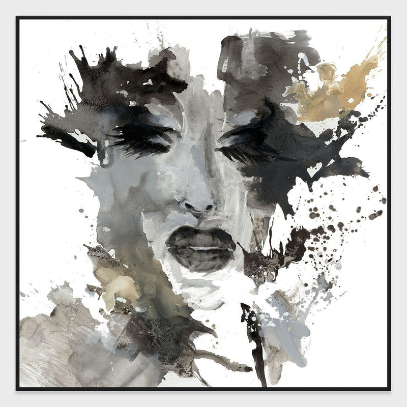 Framed abstract portrait artwork showing grayscale face with tan blotches and black ink marks