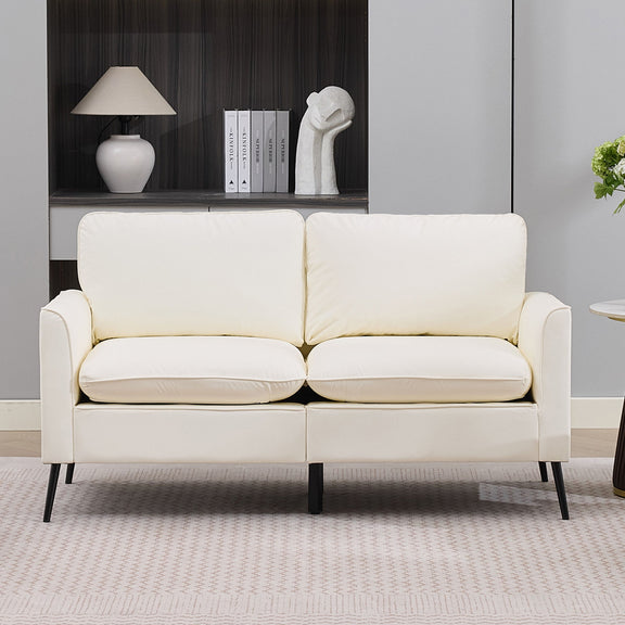 Cream upholstered loveseat sofa with rounded arms and two-seat cushion sections