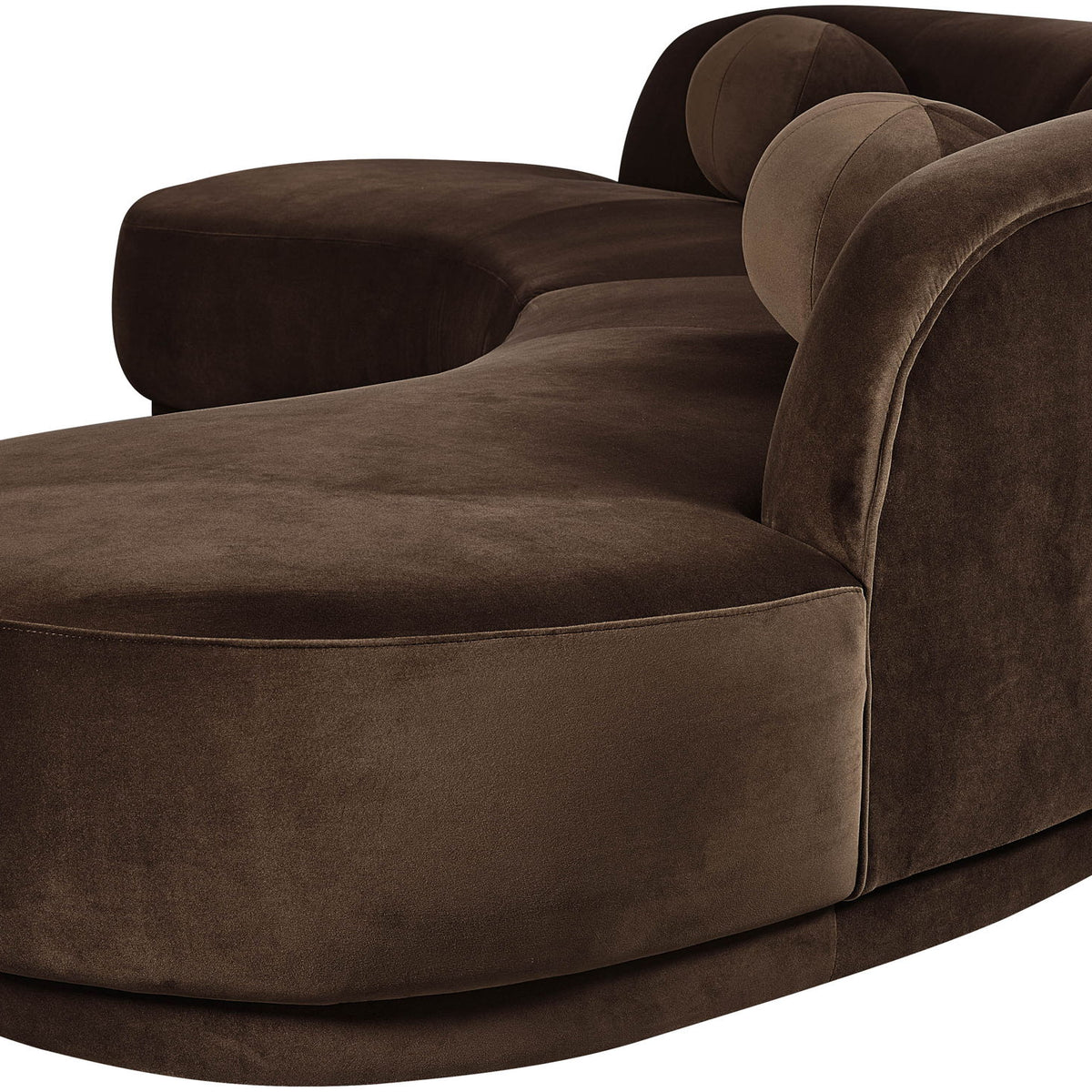Dark brown velvet accent sectional with deep seat and rounded arm detail