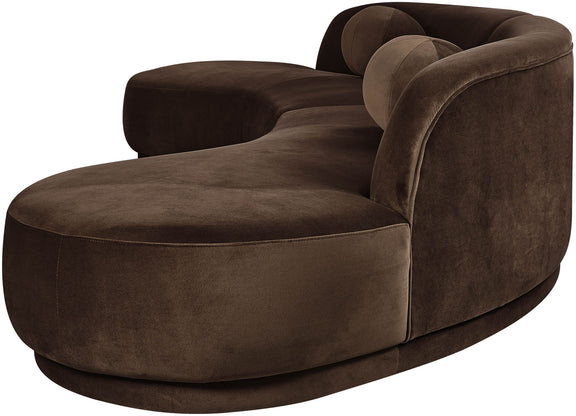 Dark brown velvet accent sectional with deep seat and rounded arm detail