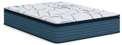 Limited edition plush PT 3.0 mattress with white top and blue leaf pattern; teal sides