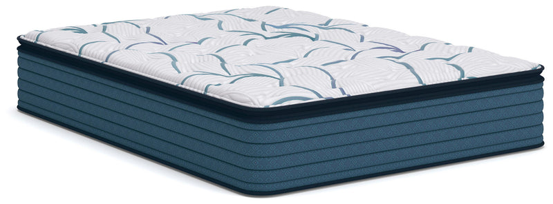 Limited edition plush PT 3.0 mattress with white top and blue leaf pattern; teal sides
