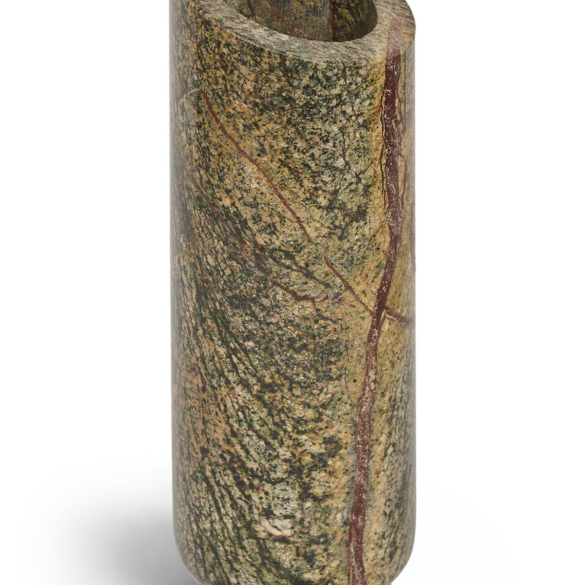 Green genuine marble vase with speckled veins and rounded rim, cylindrical silhouette