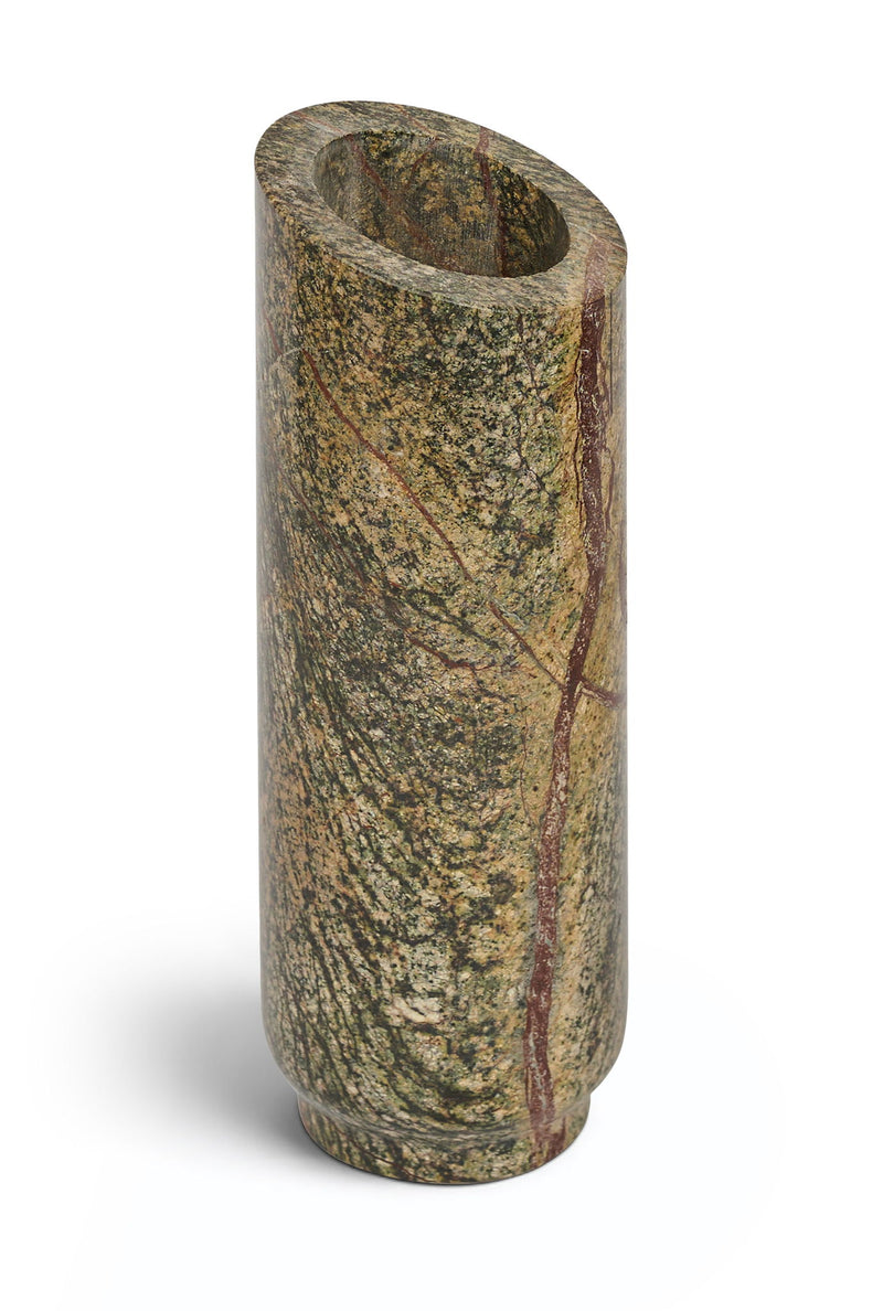 Green genuine marble vase with speckled veins and rounded rim, cylindrical silhouette